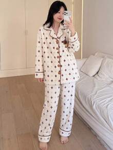 Aesletic 2pcs/Set Autumn/Winter Women's Flannel Cardigan Button Pajamas, Geometric Print Ramadan Romantic Casual Comfortable Loungewear - Apricot - View 8