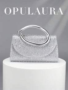 OpulAura 復古純色手拿包，百搭小手提包，時尚亮面水鑽女款包，適合婚禮、派對、舞會、晚餐等場合 - 銀色 - 查看 1