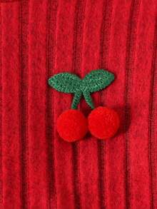 2pcs/Set Setelan Anak Perempuan Gaya Manis: Pullover Rajut Lengan Panjang Bergaris Motif Ceri + Celana Jeans Bordir Ceri, Setelan Kasual untuk Jalan-jalan Musim Gugur dan Musim Dingin - Merah - View 5