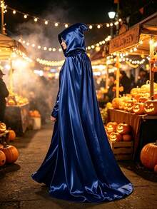 藍色連帽長披風，萬聖節女巫 Cosplay 套裝－附超大連帽萬聖節幽靈 Cosplay 套裝披風，適合舞台表演、Cosplay、聖誕禮物，送給家人的完美禮物 - 藍色 - 查看 5