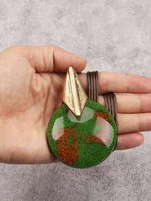1pc Bohemian Exotic Style Geometric Metal Buckle Round Resin Stone Pendant Necklace, Adjustable Long Braided Rope Choker Neck Accessory, Halloween Party Gift, Vacation Vibe Accessory, Daily Date Outfit, Gift For Girlfriend/Boyfriend - Wax Rope - View 2