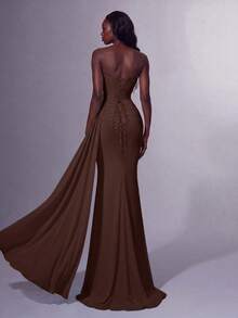 Elegant Heart Neckline Corset Dress, Side Ruched Waist, High Slit, Fitted Mermaid Silhouette Wedding - Brown - View 2