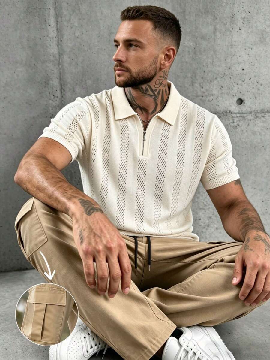 Men's Knit Polo Old Money Style Loose Fit Commute Hiking Fitness Versatile Outfit Set, Spring/Autumn - Multicolor - View 1