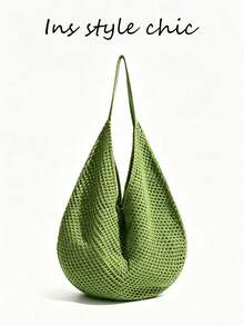 Solid Color Mesh Hollow Crochet Shoulder Bag, Breathable Mesh Surface, Water Drop 3D Design, Open Top Closure, Suitable For School, Travel, Vacation, Commute, Shopping, Miscellaneous Storage - Green - View 1