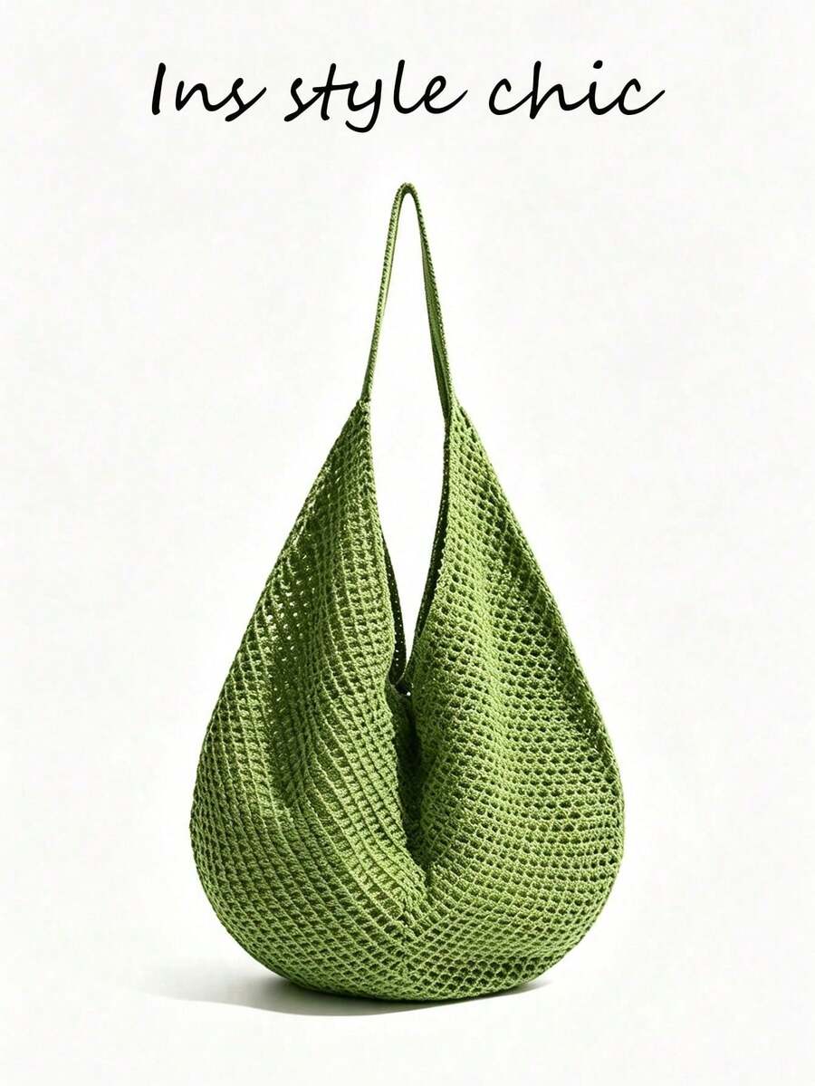 Solid Color Mesh Hollow Crochet Shoulder Bag, Breathable Mesh Surface, Water Drop 3D Design, Open Top Closure, Suitable For School, Travel, Vacation, Commute, Shopping, Miscellaneous Storage - Green - View 1