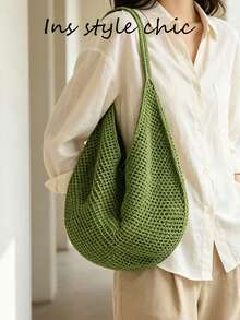 Solid Color Mesh Hollow Crochet Shoulder Bag, Breathable Mesh Surface, Water Drop 3D Design, Open Top Closure, Suitable For School, Travel, Vacation, Commute, Shopping, Miscellaneous Storage - Green - View 5