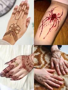 3PCS (1 Warna Cokelat + 1 Pasta Henna Merah Tua + 1 Templat Bunga) Set Kombo Krim Tato Henna untuk Seni Kuku dengan Kotak Penyimpanan, Tinta Tato Semi-Permanen Berbasis Tanaman untuk Tangan dan Tubuh - MultiWarna - View 3