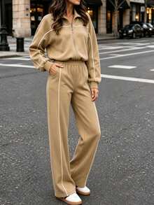 Women's 2 Pieces Set Solid Color Casual Elegant Zip-Up Jacket + Long Pants Office Daily Airport Outfit Autumn/Winter - Khaki - View 6