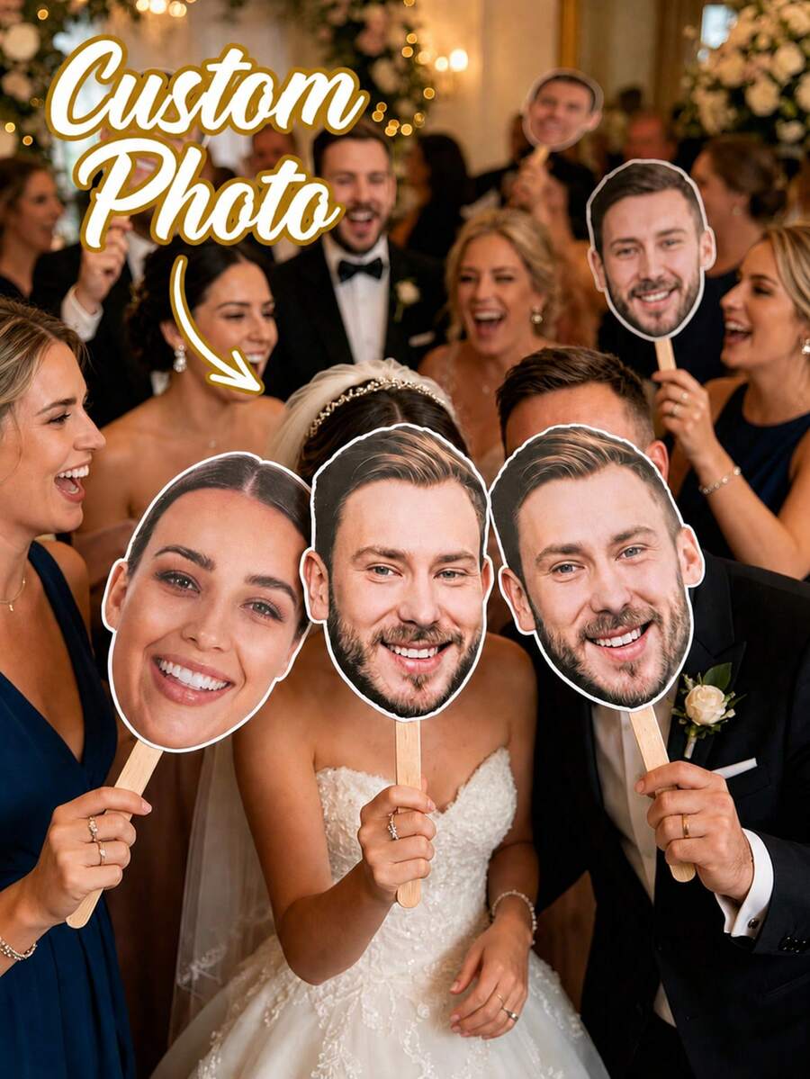 Custom Photo Mask, Personalized Wedding Big Head Hollow Portrait Handheld Stick, Custom Face Hollow Party Decoration Accessory, Upload Photo, Suitable For Birthday, Birthday Party Costume - Multicolor - View 1