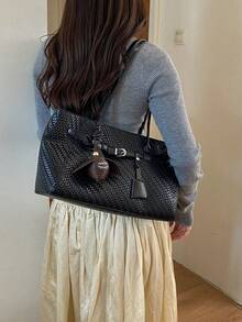Sac fourre-tout de luxe à la mode, nouveau style vintage, couleur unie, tissé texturé gaufré, style européen et américain, grande capacité, sac à bandoulière de navette haut de gamme, livré avec un breloque de pomme, élégant et décontracté, pour les courses, le travail quotidien, le maquillage, l'ombrelle, résistant à l'usure, en tissu doux, pour les étudiantes, les cours, les courts voyages, polyvalent pour les déplacements quotidiens, sac fourre-tout pour femmes - Multicolore - Voir 8