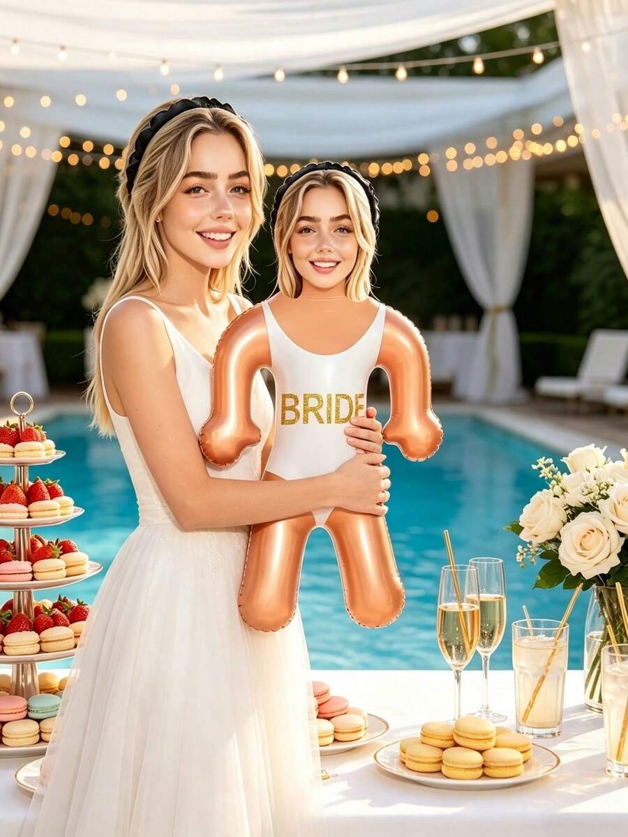 1pc Customized Face Photo Inflatable Bride Party Prop, Personalized Bride Swimsuit Design Inflatable Decoration, Wedding Party Outdoor Supplies, Bridal Shower, Pool Party, Anniversary, Holiday Celebration And Holiday Event Decor - Multicolor - View 1