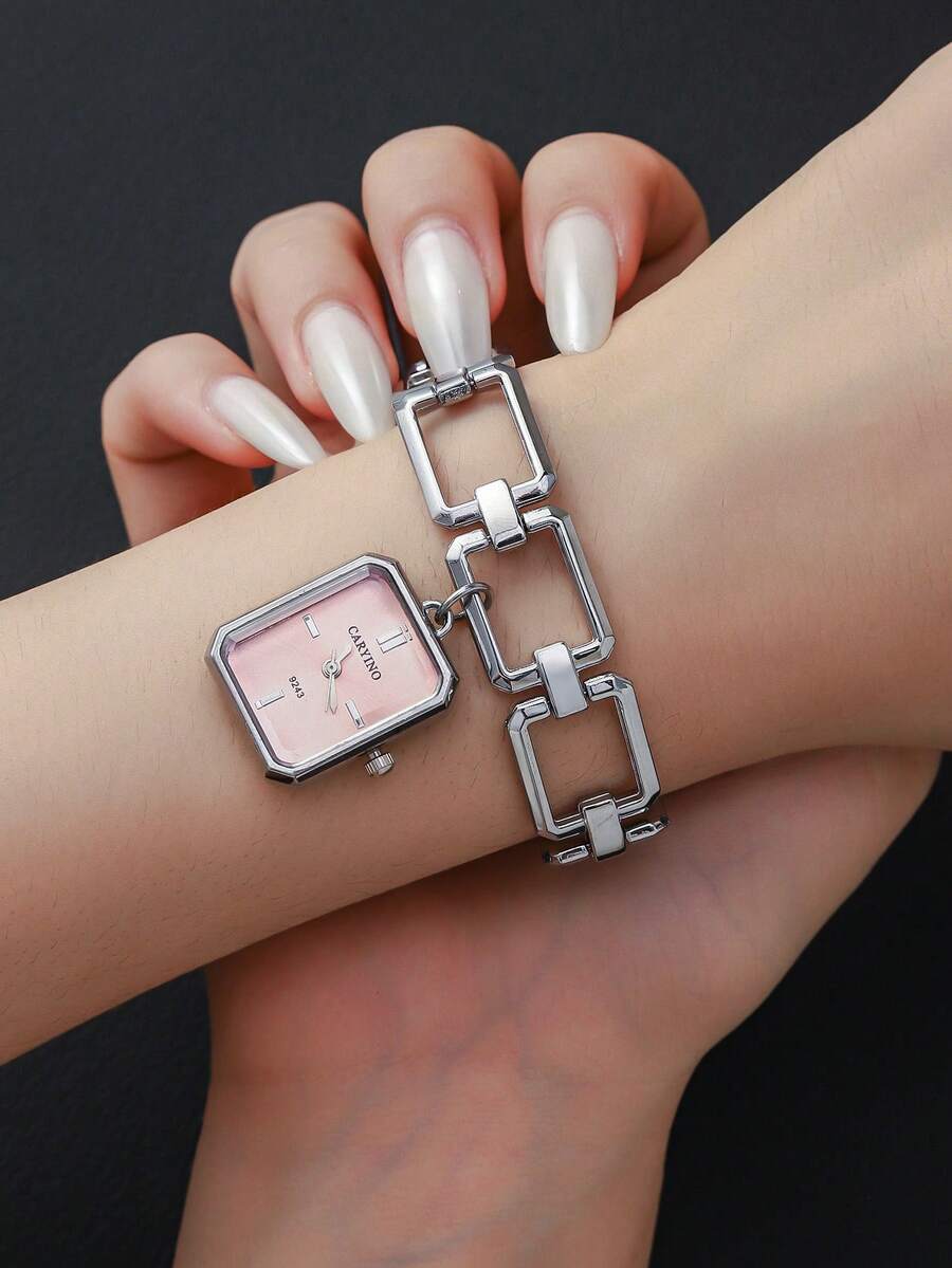 Disu Women's Oval Dial Gold & Silver Two-Tone Stainless Steel Band Classic Business Watch With Rhinestone, Suitable For Daily Wear - Pink - View 1