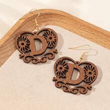 Women's Personalized Initial Wooden Earrings, Hollow Heart Daisy Flower Pattern 26 Letter Dangle Earrings - Brown - View 6