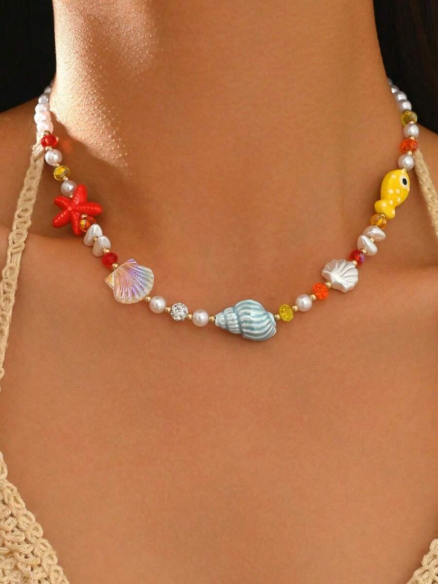 1 buah Kalung Liontin Tali Kepang Gaya Bohemian Biru untuk Wanita, Liontin Bintang Laut dan Cangkang Laut, Aksesori Putri Duyung, Cocok untuk Pakaian Pantai Musim Panas Wanita - MultiWarna - View 1