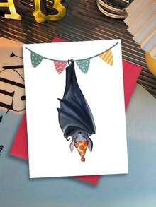 OBOVAY 1pc "Party Bat" Halloween Birthday Card With Envelope - Cute Spooky Bat Cartoon Design - Fun Halloween Greeting For Friends And Family - Blank Inside - A - View 3
