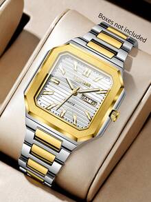 Men's Premium Gold-Tone Alloy Band Watch, Square Dial With Date Calendar, Business Casual Versatile Quartz Wristwatch (1pc/Set) Watch Box Not Included - Multicolor - View 8