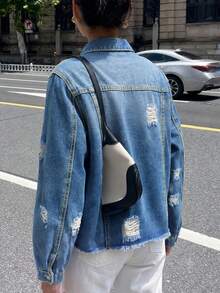 Women's Light Wash Distressed Denim Jacket, Button Detail Design Casual - Light Wash - View 5