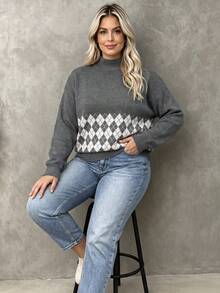 Women's Plus Size Knitwear Pullover Sweater With Argyle Pattern, High Neck, Long Drop Shoulder Sleeves And Tight Hem, Medium Stretch, For Fall Winter - Grey - View 2