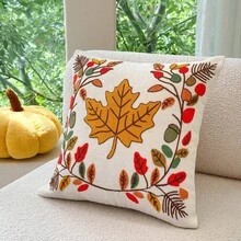 FAUNUS 1pc Chenille Tufted Embroidered Throw Pillow Cover, Autumn Maple Leaf & Oak Leaf Decorative Cushion Case, Thanksgiving Holiday Home Decor For Sofa & Living Room, Pillow Insert Not Included - Autumn Leaves Drifting - View 7
