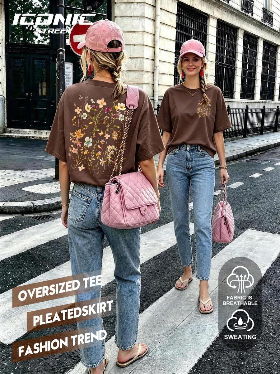 Howell Versatile Fashion Printed Short Sleeve T-Shirt, Women's Casual Charming Floral Pattern Round Neck Printed T-Shirt, Women's Top Vacation Summer - Brown - View 1