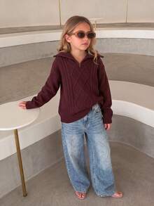 Girls Braided Half-Zip Sweater, Long Sleeve Casual Pullover, Suitable For School And Daily Wear, Autumn/Winter Tween Girls Clothing - Burgundy - View 3