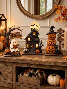 3pcs Halloween Wooden Tabletop Decor Set, Ghost Reading, Haunted House & Stacked Pumpkin Sign Ornaments, Fall Tiered Tray Home Party Decorations - Multicolor - View 3