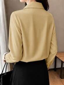 Plus Size Button-Up Long Sleeve Elegant Commuter Professional Blouse - Champagne - View 4