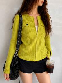 Sweater Rajut Cardigan Minimalis Kasual Wanita Musim Gugur/Dingin, Ramping, dengan Tekstur Vertikal dan Resleting. - hijau kekuningan - View 1