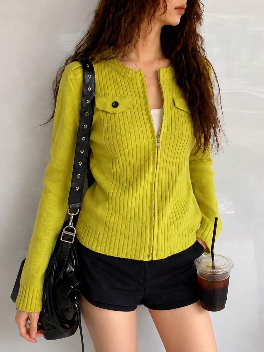 Sweater Rajut Cardigan Minimalis Kasual Wanita Musim Gugur/Dingin, Ramping, dengan Tekstur Vertikal dan Resleting. - hijau kekuningan - View 1