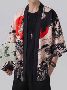 Chinese Style Retro Loose 3/4 Sleeve Dragon Robe Kimono Cover Up, Summer Niche Design Street Style Graphic Beach Cover-Up Sunscreen Jacket - Black - View 3