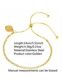 VceTd 1pc Minimalist Heart Decor Adjustable Stainless Steel Bracelet For Women's Daily Wear - Yellow Gold - View 12