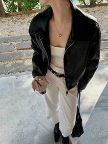 Women's Black Leather Jacket Autumn, Lapel Zipper Aviator PU Jacket, Commute Minimalist Style, Suitable For Autumn/Winter Wear - Black - View 13