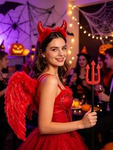 3pcs Halloween Devil Horns & Wings Set, Includes Wings, Devil Horns Headband, Devil Pitchfork, Halloween Party Devil Costume Accessories, Holiday Photo Props, Suitable For Halloween Party Decoration, Costume Party Props, Holiday Performance Props - Multicolor - View 3