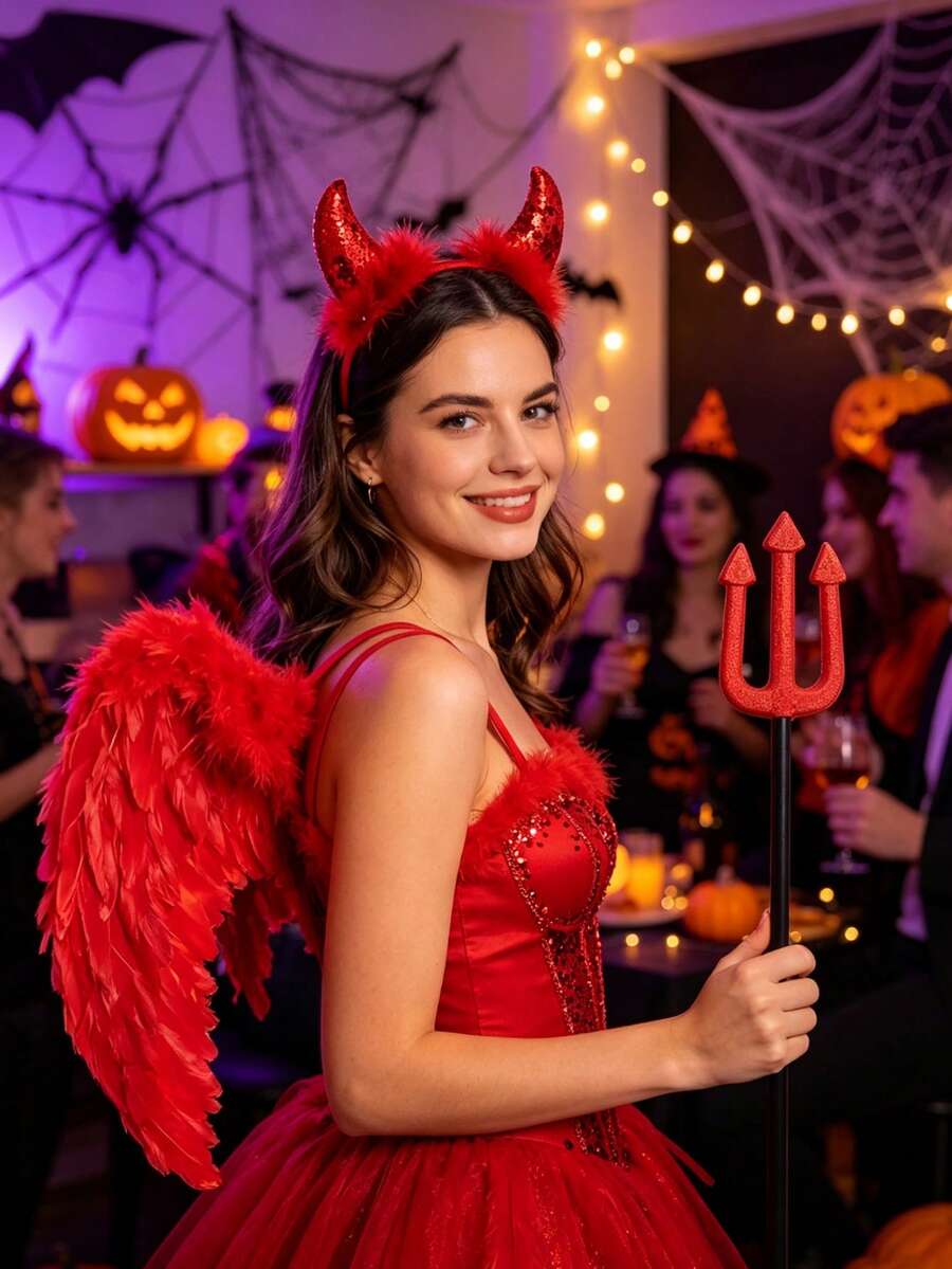3件組萬聖節惡魔角與翅膀套裝,包含翅膀、惡魔角髮箍、惡魔三叉戟,萬聖節派對惡魔裝扮配件,節日拍照道具,適用於萬聖節派對裝飾、化裝舞會道具、節日表演道具 - 彩色 - 查看 1
