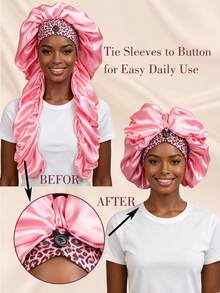 2-In-1 Adjustable Satin Hair Bonnet With Tie, Long Satin Sleep Cap For Long Hair/Braids, Soft Satin Hair Bonnet With Button, Curly Hair Night Cap - B - View 12