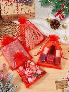 10/20/50PCS Christmas Organza Gift Bags, 4x6 Inch Red And Dark Green Drawstring Mesh Bags For Candy, Jewelry, Wedding Favors, Party Gift Wrapping - red green - View 6