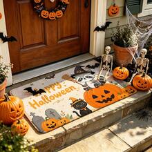 1pc Halloween Raccoon Black Cat Pumpkin Bat Pattern Entryway Doormat, Cartoon Style Polyester Rectangular Non-Slip Scratch-Resistant Dust-Removing Door Mat, Suitable For Halloween Holiday Entrance Door Front Outdoor Indoor - 0713+MZGJ - View 1