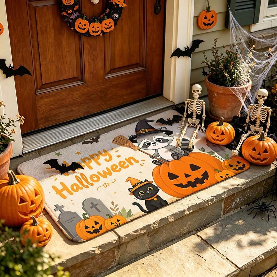 1pc Halloween Raccoon Black Cat Pumpkin Bat Pattern Entryway Doormat, Cartoon Style Polyester Rectangular Non-Slip Scratch-Resistant Dust-Removing Door Mat, Suitable For Halloween Holiday Entrance Door Front Outdoor Indoor - 0713+MZGJ - View 1