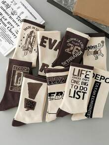 5 Pairs Random Street Style Printed Men's Crew Socks, Dark Brown, Letter & Geometric Patterns, Suitable For Daily Wear, Autumn Season - Multicolor - View 3