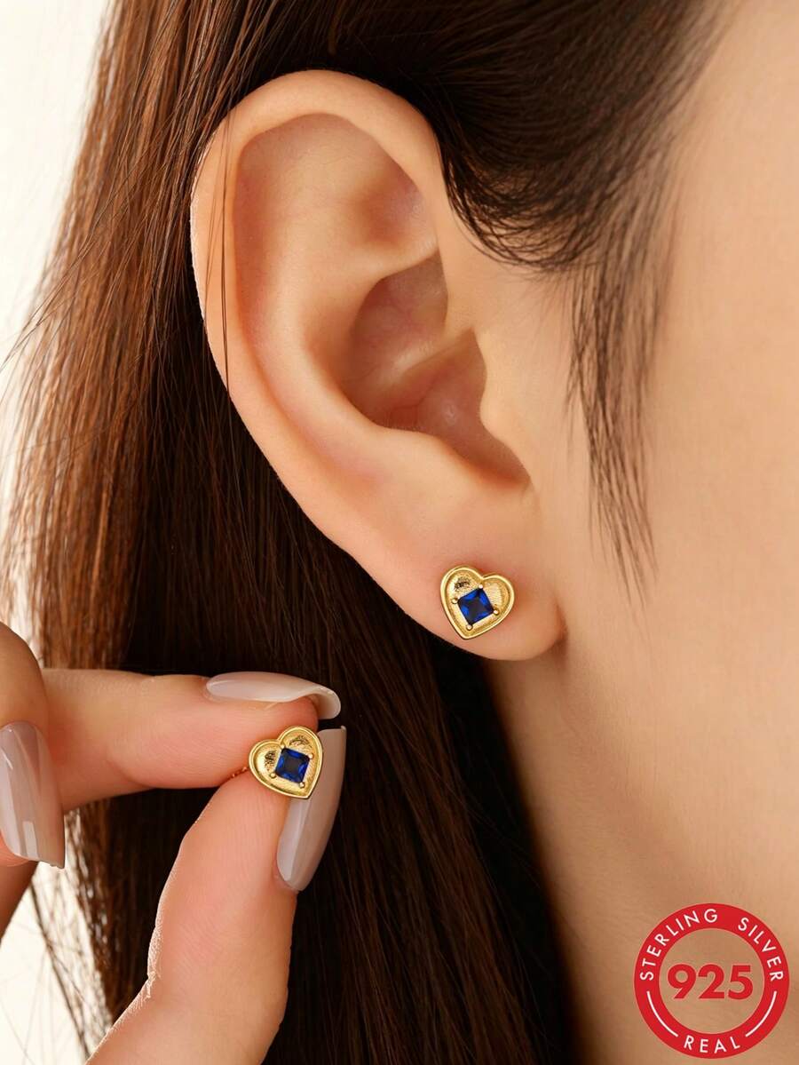1 paire de boucles d'oreilles à tige en argent sterling S925 avec un design unique en forme de cœur bleu Klein - Amour - Voir 1