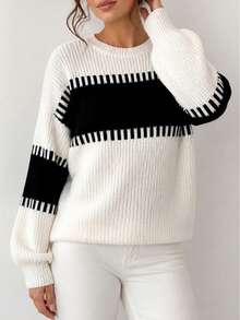 Women's Plus Size Striped Ribbed Knit Pullover Sweater, Long Sleeve Round Neck Drop Shoulder Design, Comfortable Autumn/Winter Outfit - Black and White - View 4