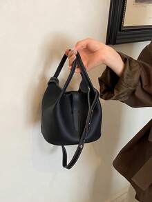 1 Solid Color Vegetable Basket Hand-Held Shoulder Crossbody Bag, Fashionable And Versatile, Suitable For Women's Daily Use, Commuting, Travel - Black - View 6