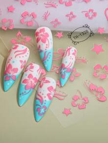 2 Sheets 3D Hibiscus Nail Stickers Summer Decoration Pink White Flower Nail Decals Tropical Leaf Sliders Nail Foils DIY - Multicolor - View 3