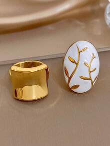 1Pc/Set Smooth Concave Curved Ring Oval White Gold Leaf Stainless Steel Rings Jewelry,For Women,Party,Daily,Christmas,Boho,Valentine Birthday Gifts - Multicolor - View 5