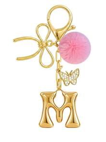 Cute Minimalist A-Z Initial Gold Keychain With Bowknot Pink Fur Ball Key Chain For Women's Bags, Daily Wear And Gift - Gold - View 15