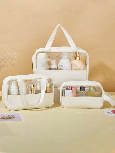 3 Pieces Set - PVC Travel Makeup Bag, Can Be Used As Toiletry Bag, Cosmetic Organizer, Large Capacity Storage Bag, Travel Supplies Organizer, Makeup Brush Bag Or Vacation Storage Bag