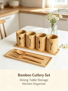 3/4pcs (Storage Bucket + Knife + Fork + Spoon) Set Combination Carbonized Bamboo Rustic Kitchen Utensil Holder, Divided Cutlery Tray Storage, Bottom Ventilation & Moisture-Proof, Natural Rustic Style Cutlery Rack Spoon Holder (Random Style Shipped) - View 9