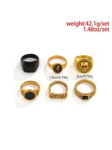 6 Piezas / Set Conjunto De Anillos De Diseño De Cráneo Y Letra Con Estilo De Moda Callejera Para Uso Casual Diario De Hombres, Estilo Punk - Amarillo Oro - Ver 5