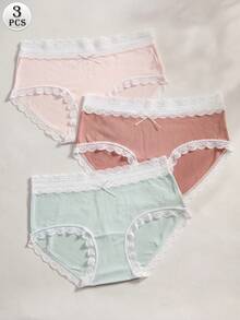 Mystèrelle 3 Packs Women's Lace Trim Seamless Panties, Soft Mid Rise Bow Decor Briefs Underwear For Daily Comfort & Lounging - Multicolor - View 8