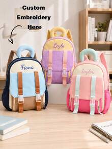 Custom Embroidered Mini Colorblock Backpack, Cute And Stylish Lightweight Small Daypack, Fashionable Double Strap Shoulder Bag For Daily Use, Travel, Back-To-School - Multicolor - View 1